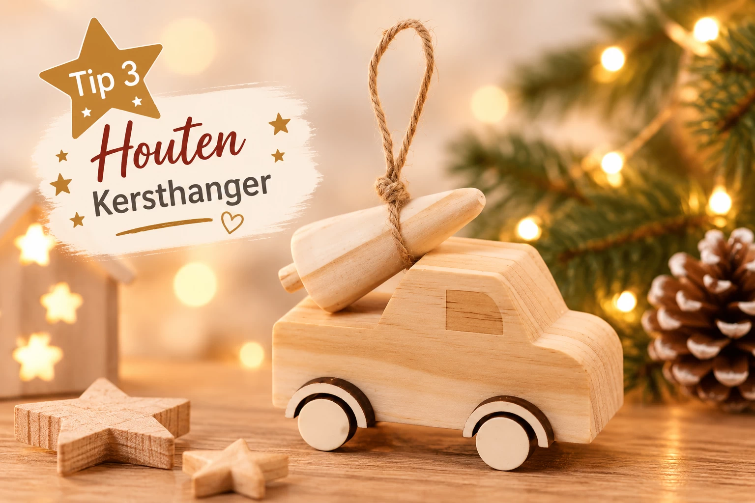 Houten kersthanger auto met kerstboom – natuurlijke kerstdecoratie