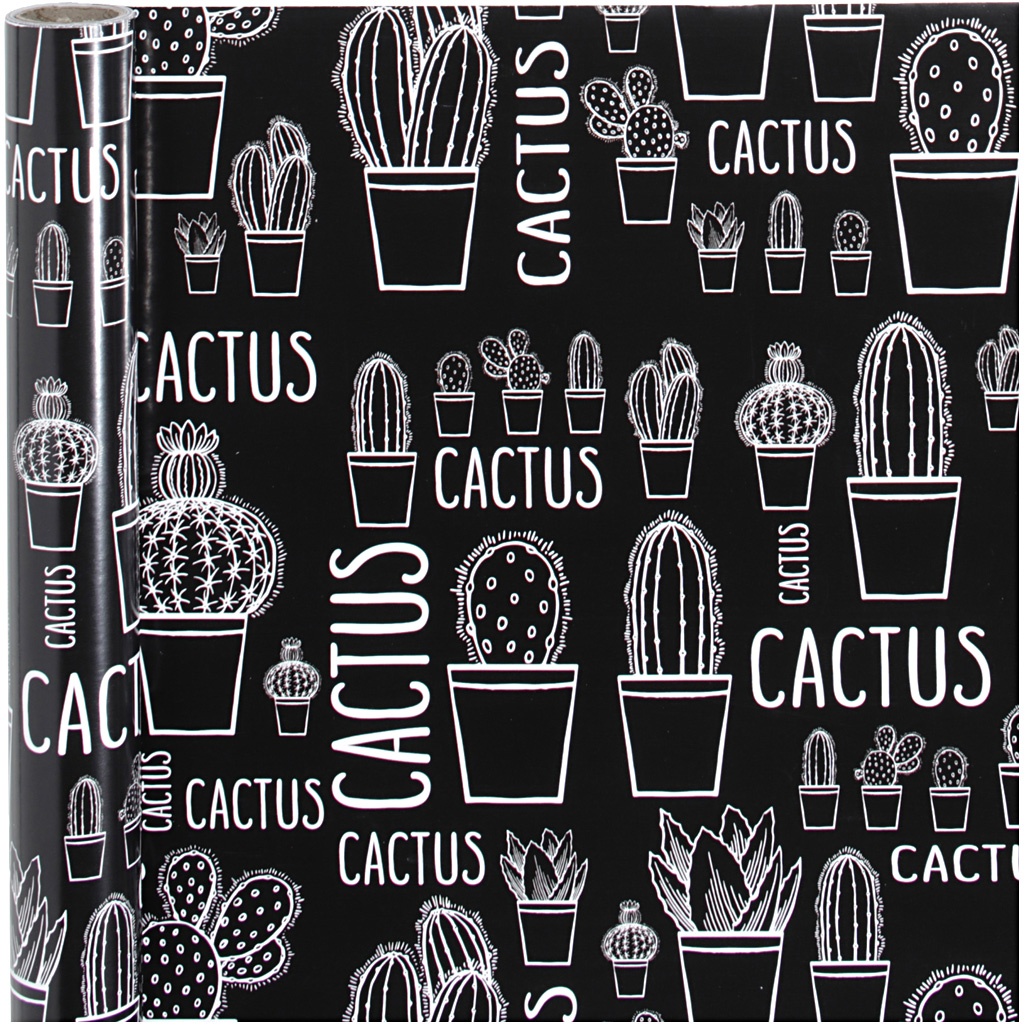Cadeaupapier inpakrol zwart wit cactus 50cm - rol 5 meter