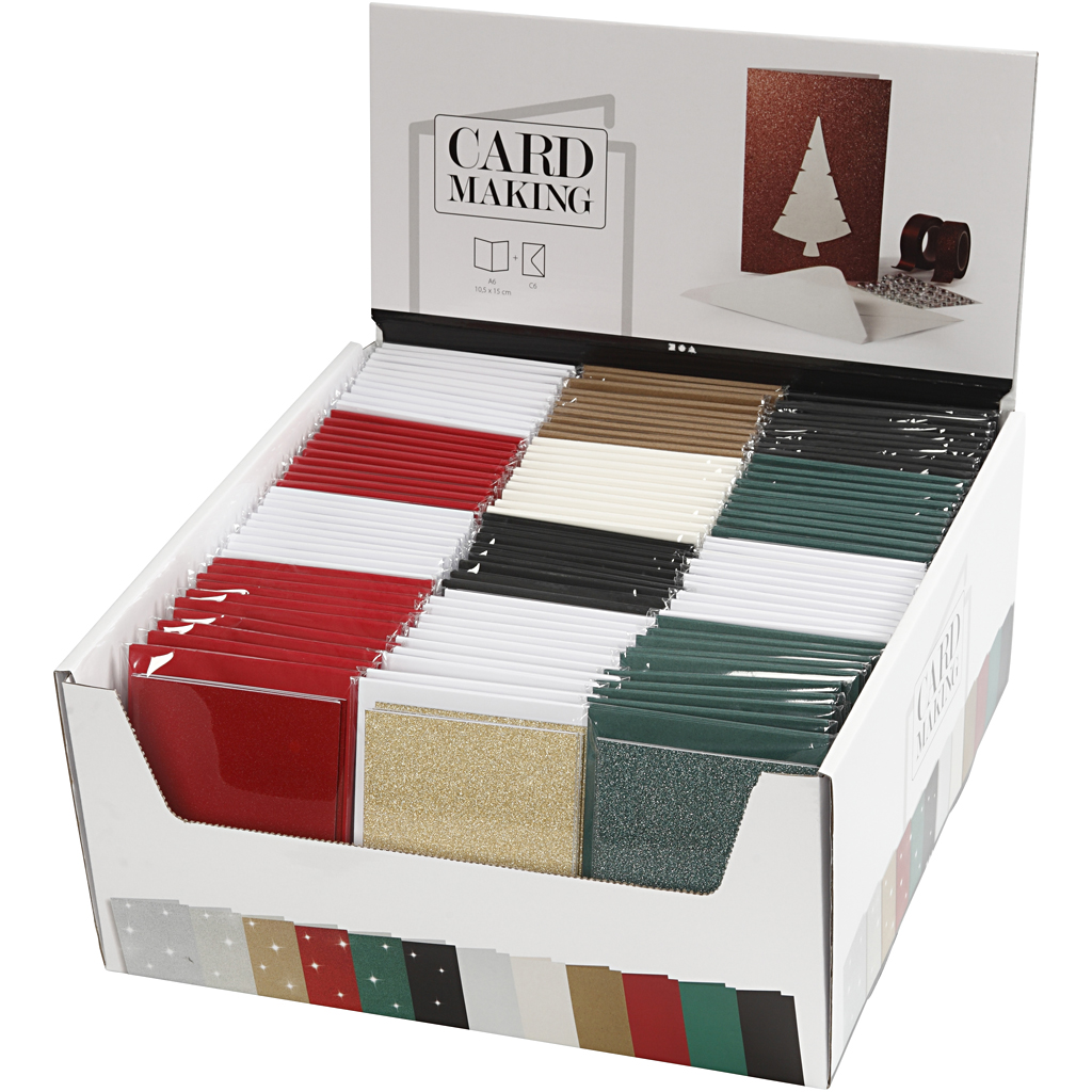 Partij blanco kaarten en enveloppen kerst kleuren/glitter assorti A6 - 120 stuks