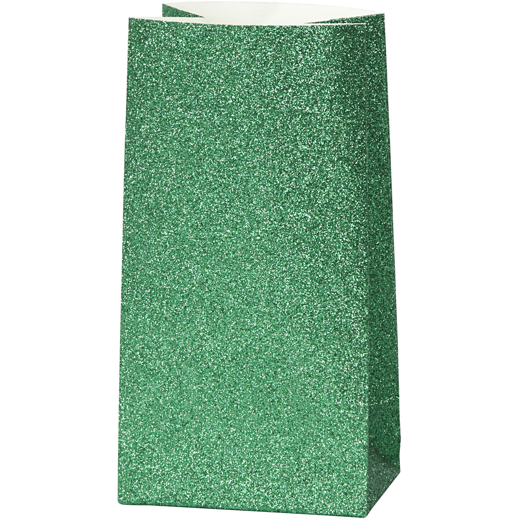 Papieren cadeau zakjes blokbodem glitter groen 17x9cm - 8 stuks