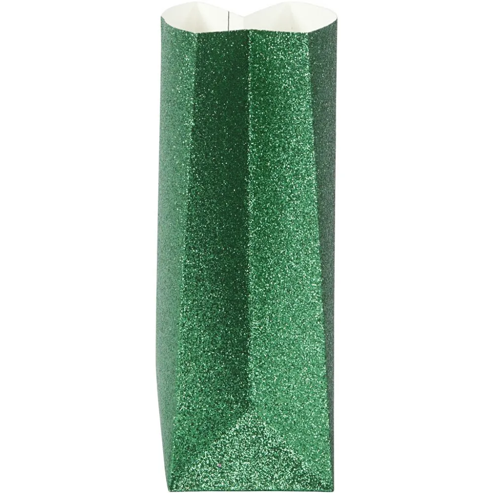 Papieren cadeau zakjes blokbodem glitter groen 17x9cm - 8 stuks
