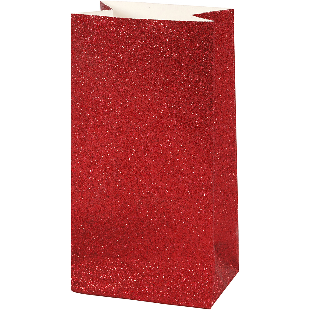Papieren cadeau zakjes blokbodem glitter rood 17x9cm - 8 stuks