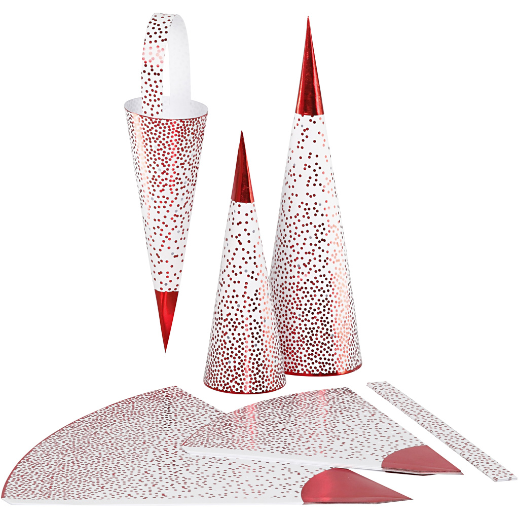 Knutselpakket kegels of cones vouwen wit rood 18+28cm - set 3 stuks