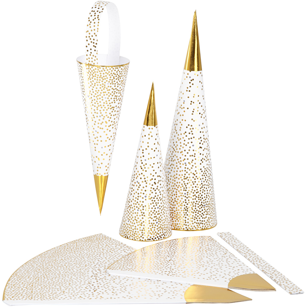Knutselpakket kegels of cones vouwen wit goud 18+28cm - set 3 stuks