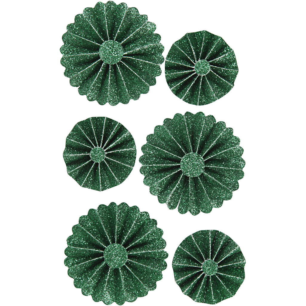 Papieren rozetten glitter groen zelfklevend 35-50mm 6 stuks