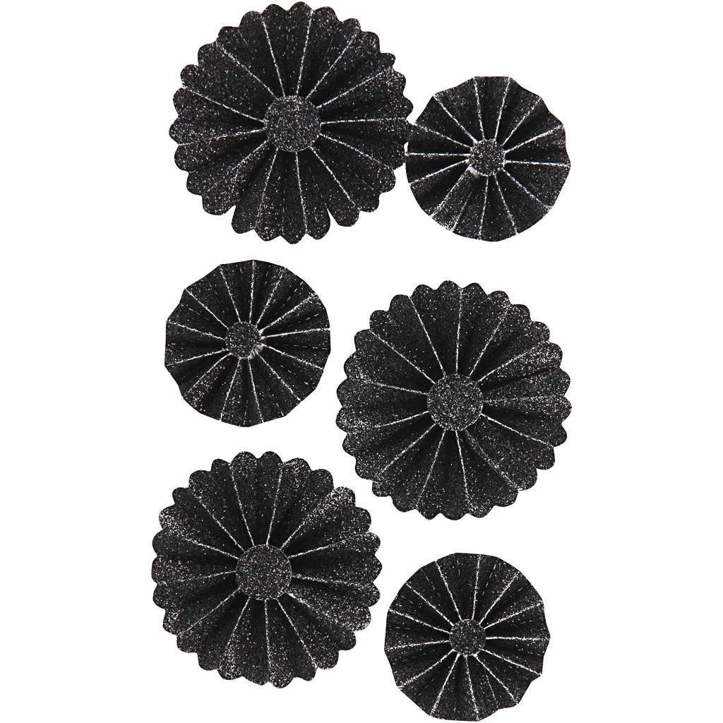 Papieren rozetten glitter zwart zelfklevend 35-50mm 6 stuks