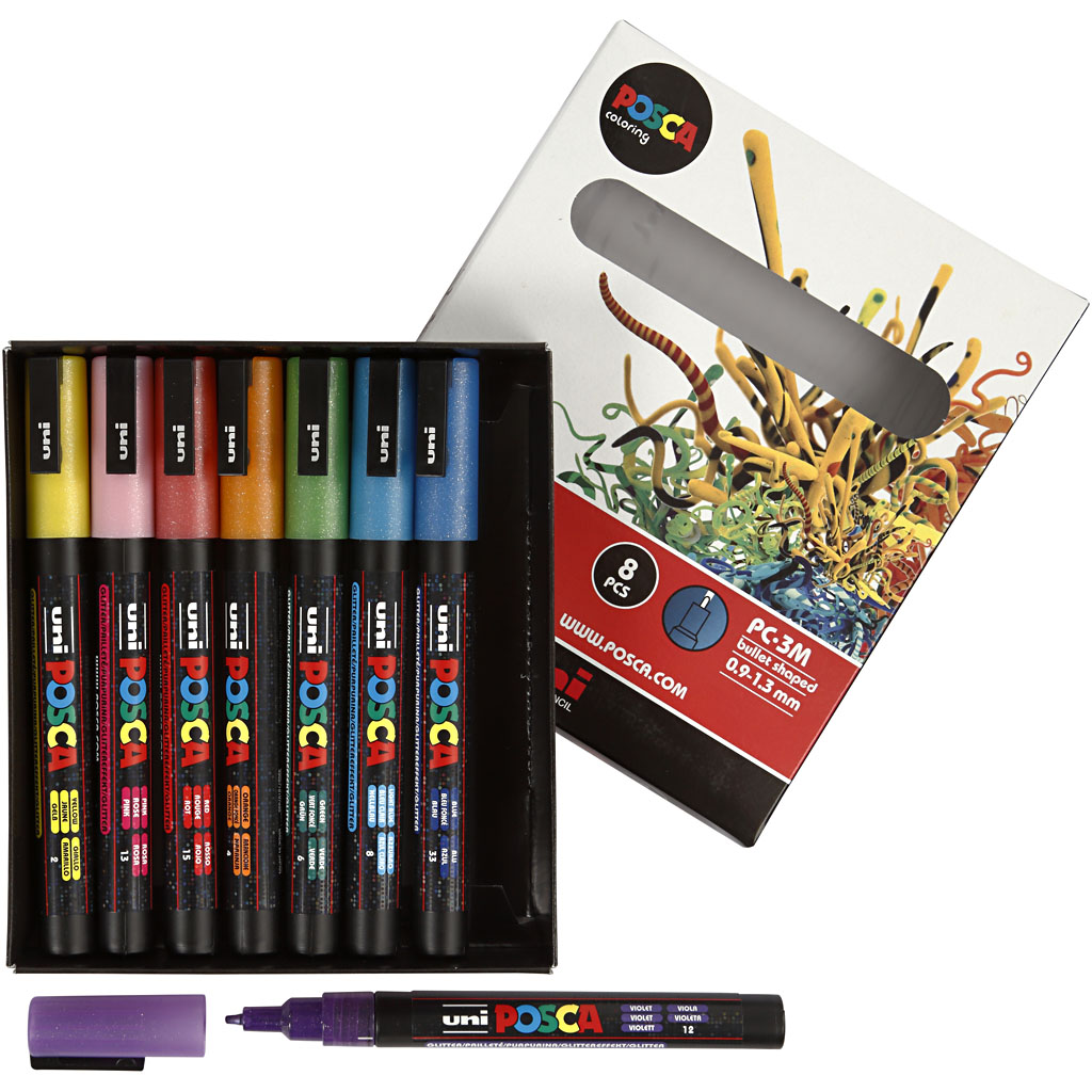 Uni Posca Markers set kleuren glitter assorti 0,9-1,3 mm 8 stuks