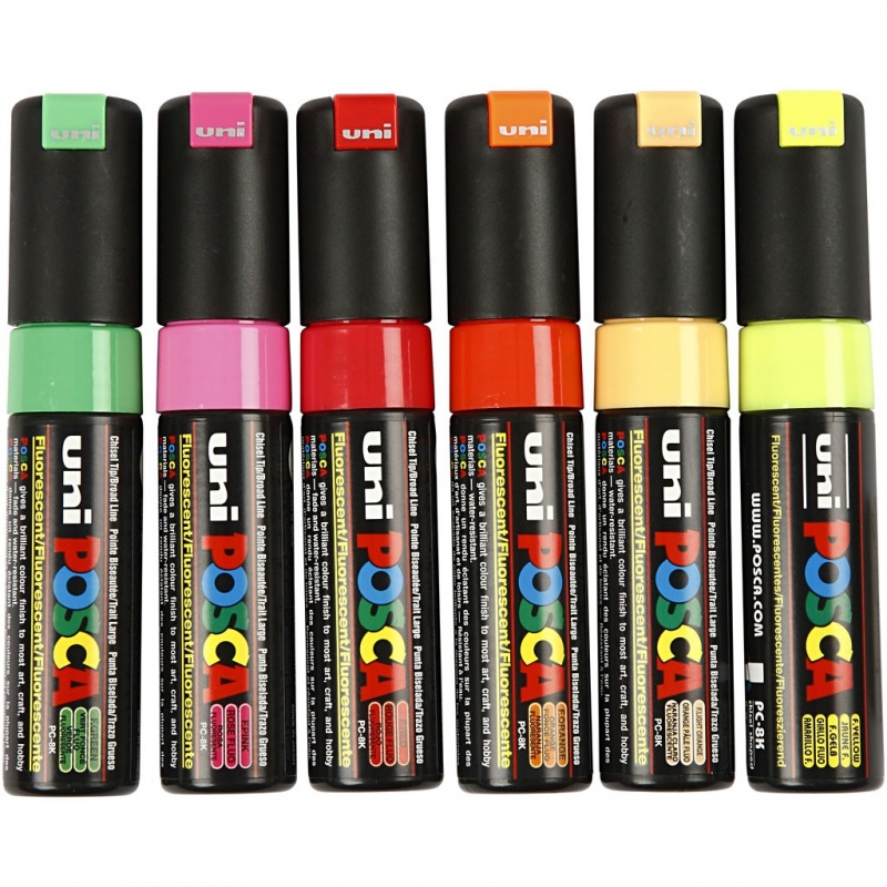 Uni Posca Markers fluor kleuren assorti 8mm 6 stuks