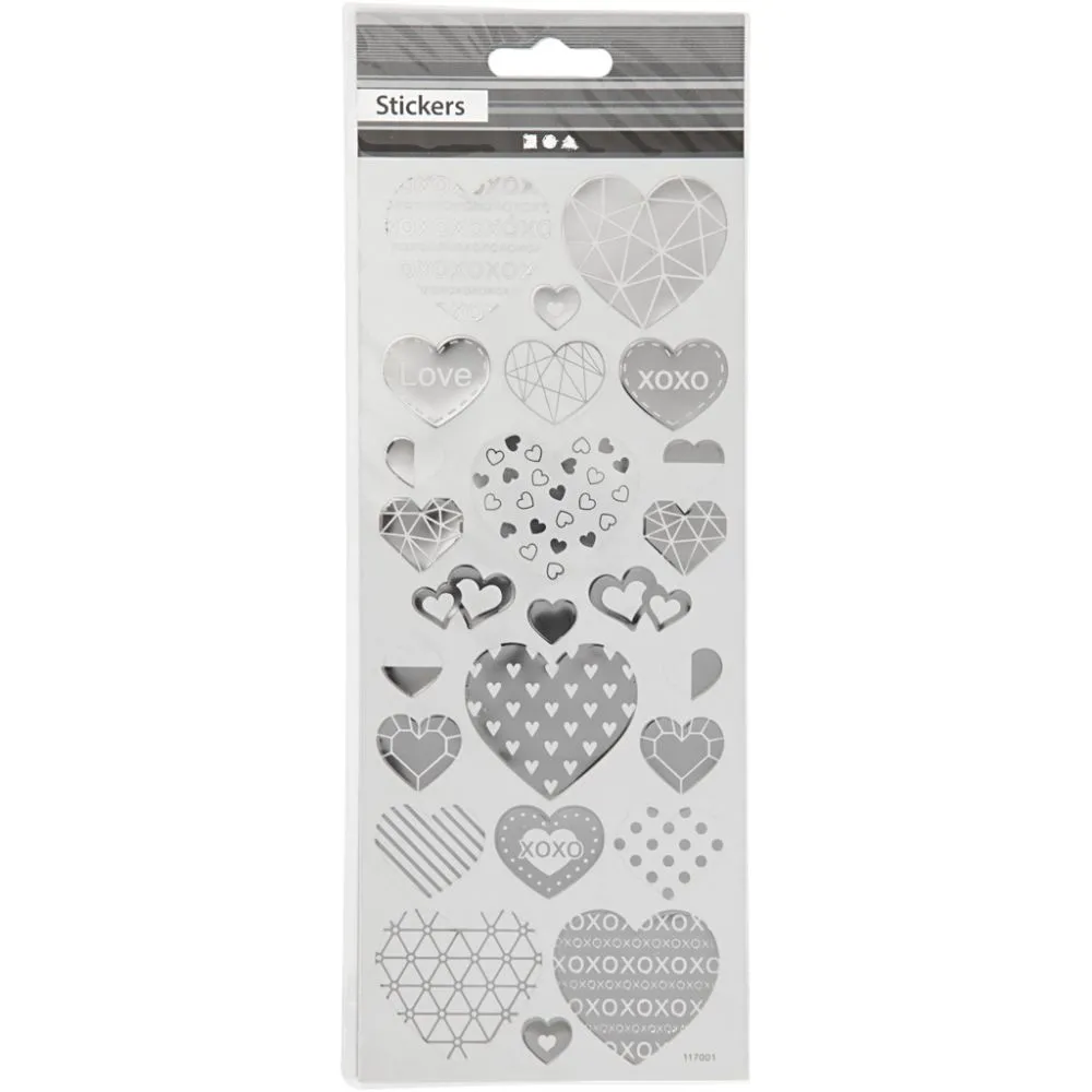 Stickers harten xoxo zilver folie details 10x24 cm - 1 vel