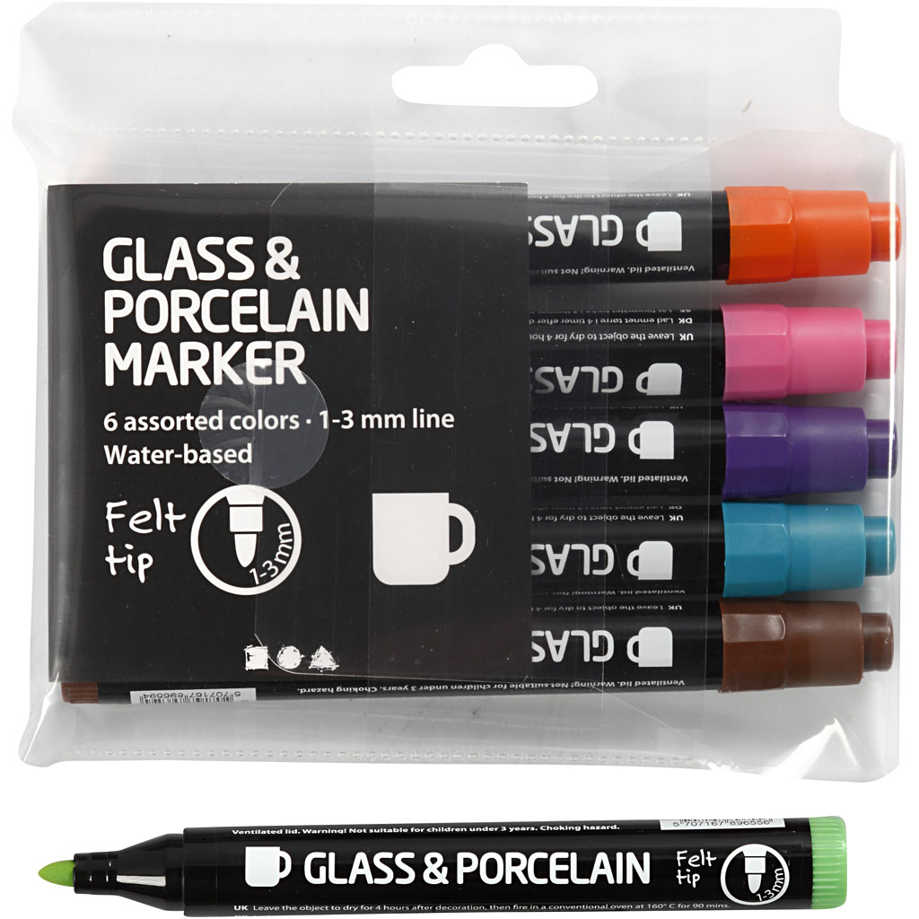 Set glas en porselein stiften extra kleuren lijndikte 1-3mm - 6 stuks