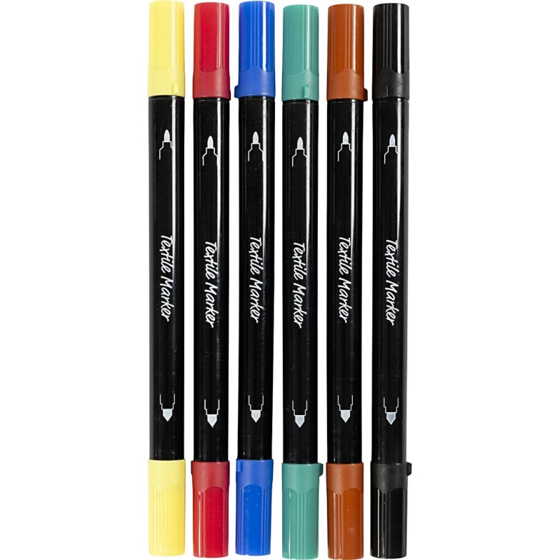 Textielstiften – 6 stuks – Dubbele punt – Standaardkleuren