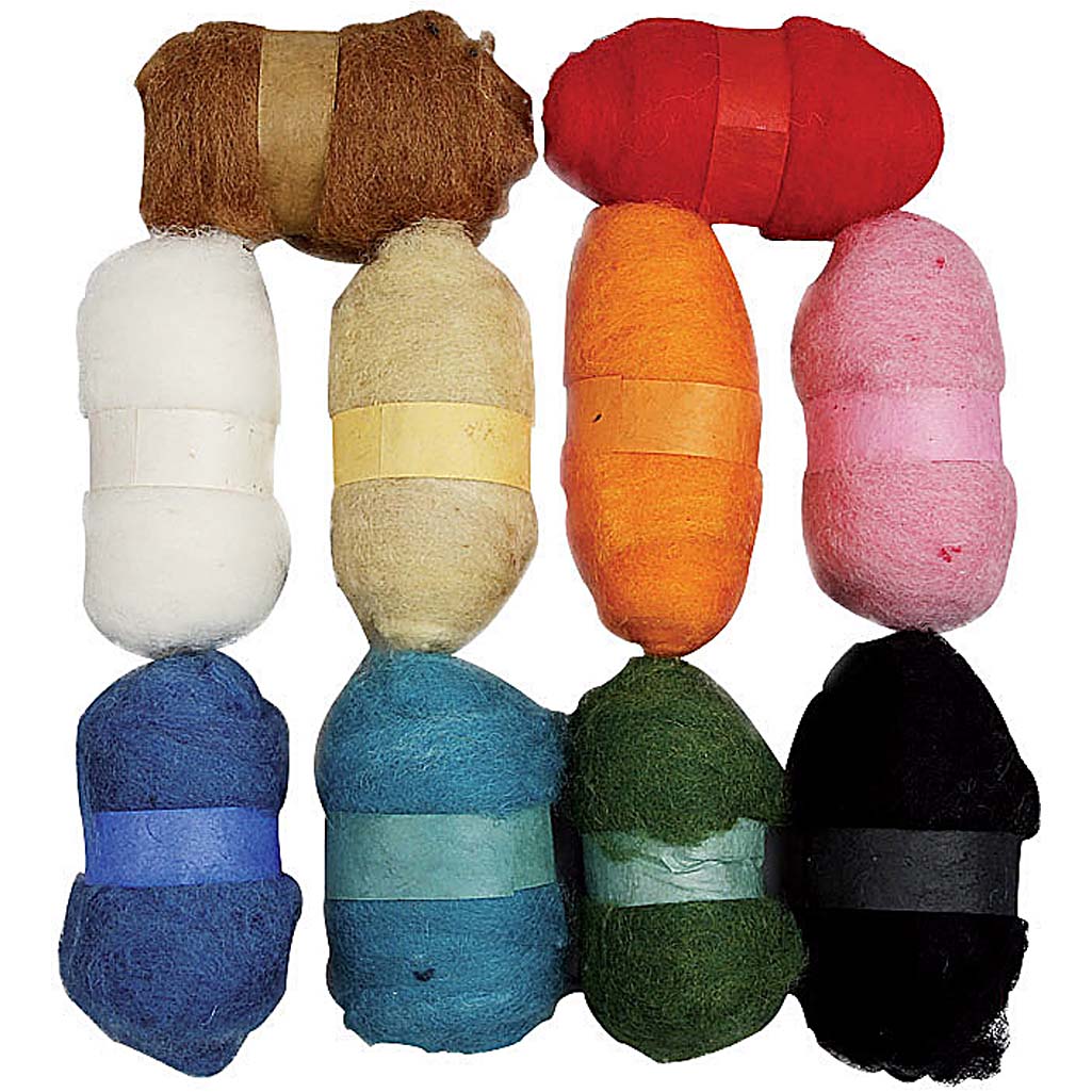 Pakket gekaarde wol voor naaldvilten 10x25gr - 10 kleuren