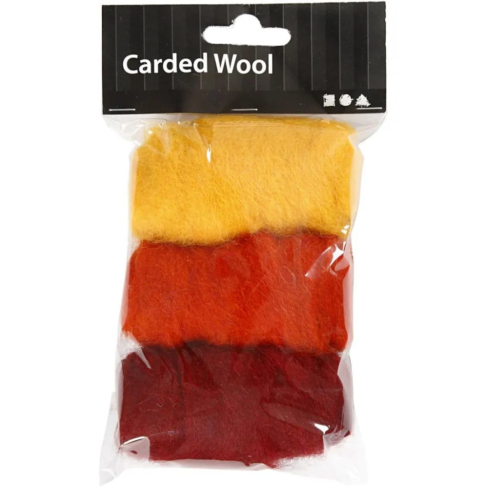 Gekaarde wol voor naaldvilten 3x10gr - rood oranje geel