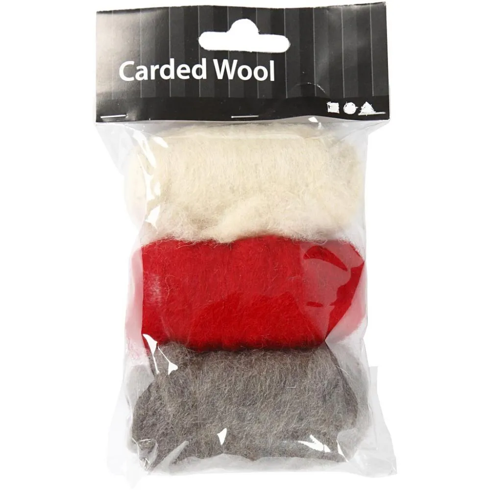 Gekaarde wol voor naaldvilten 3x10gr - rood wit taupe