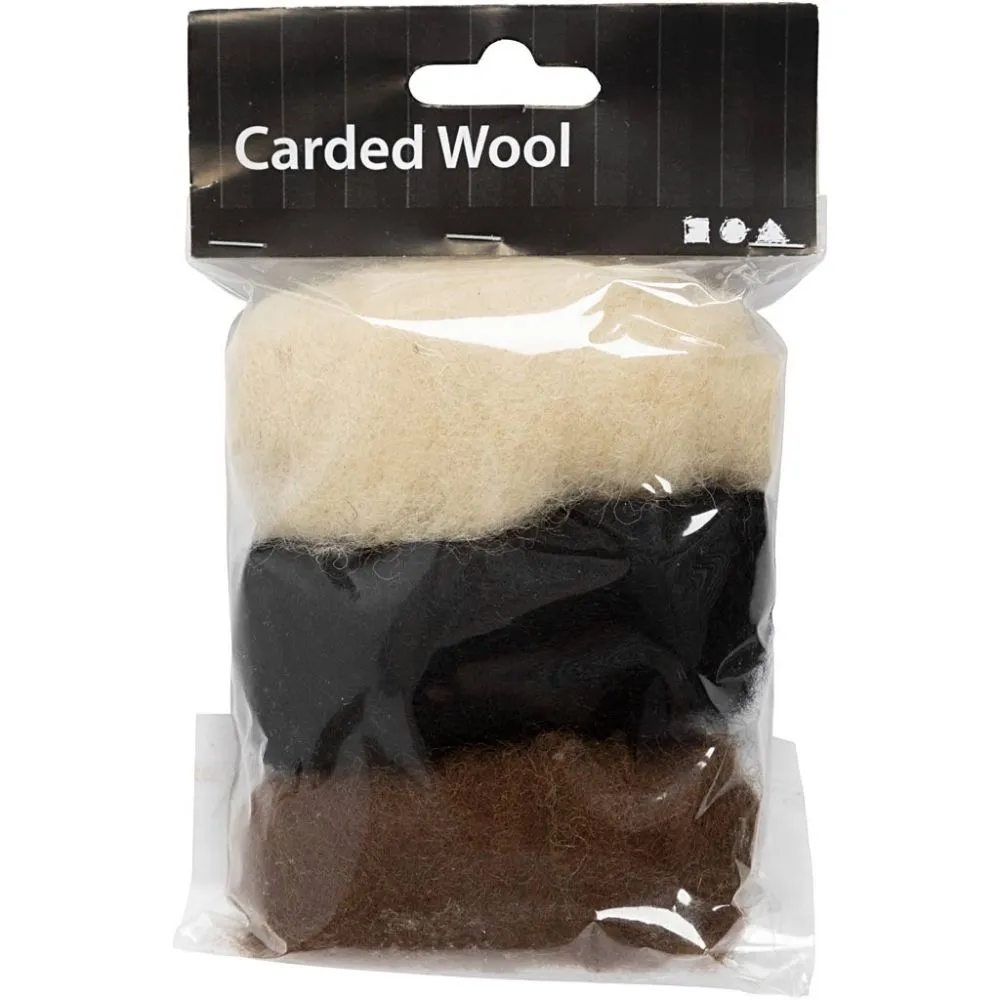 Gekaarde wol voor naaldvilten 3x10gr - zwart wit bruin