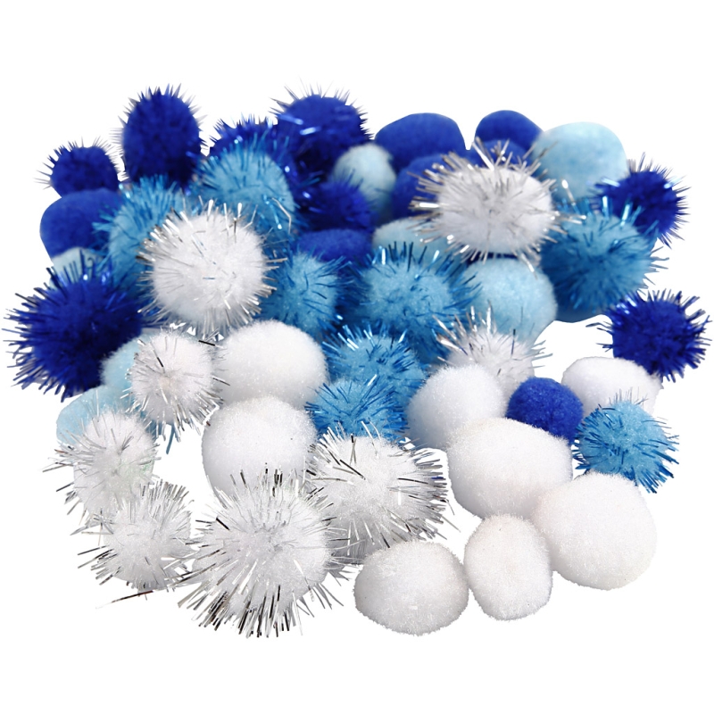 Pompons 15+20 mm – 48 stuks ( blauw-wit)