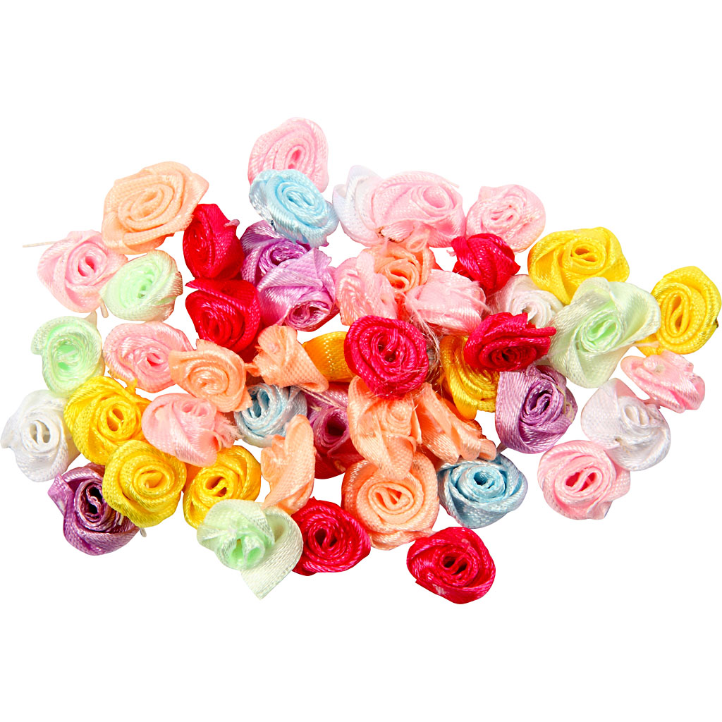 Stoffen satijn roosjes kleuren mix 14-18mm 50 stuks