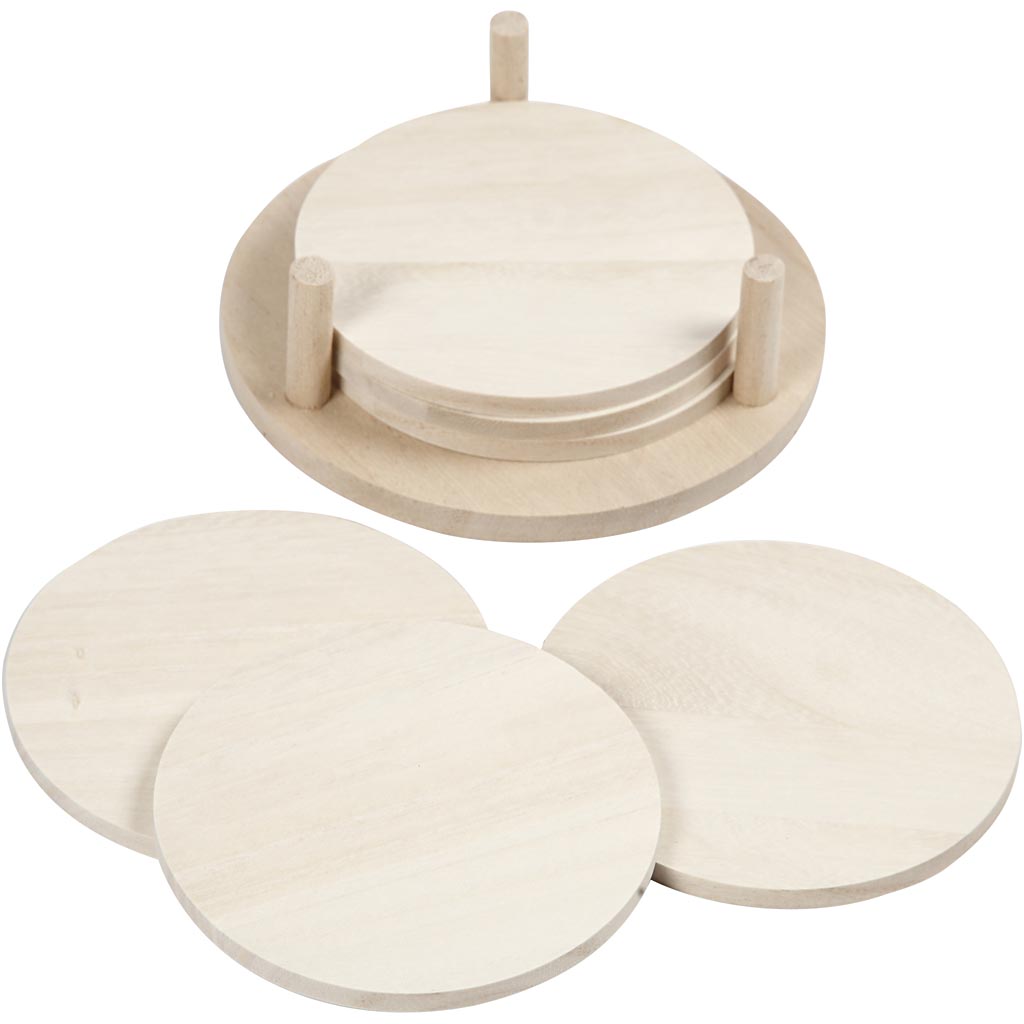 6 blanco houten onderzetters in houder 9.5cm - 1 set