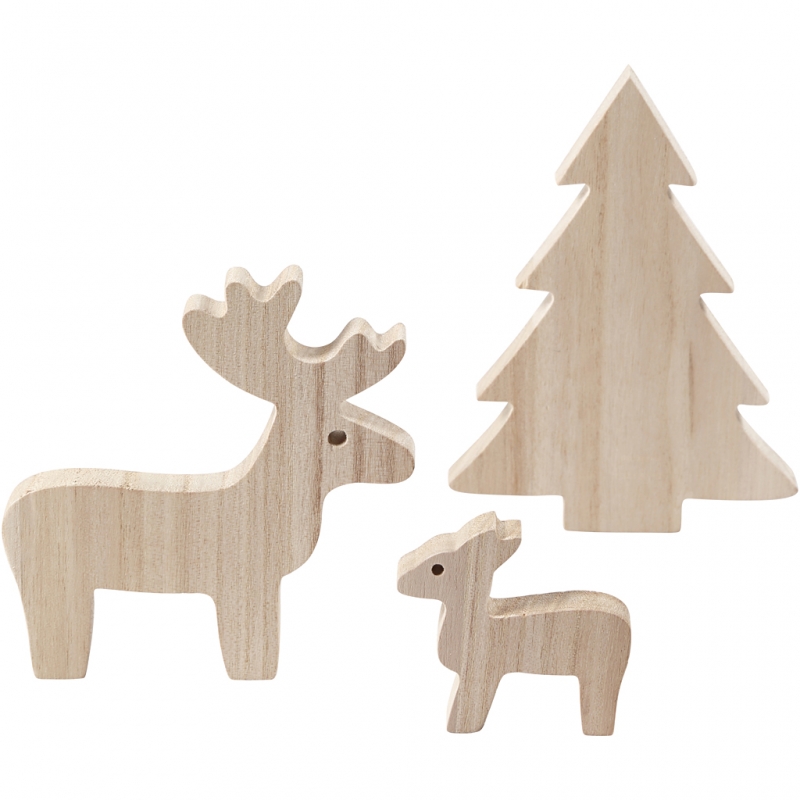 Blank houten rendieren met kerstboom 6+12+15cm - 3-delige set