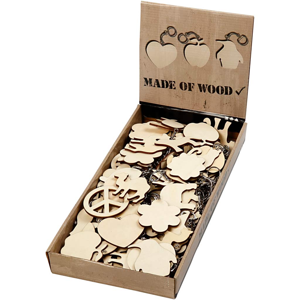 Partij blanco houten sleutelhangers assorti 7cm - 128 stuks