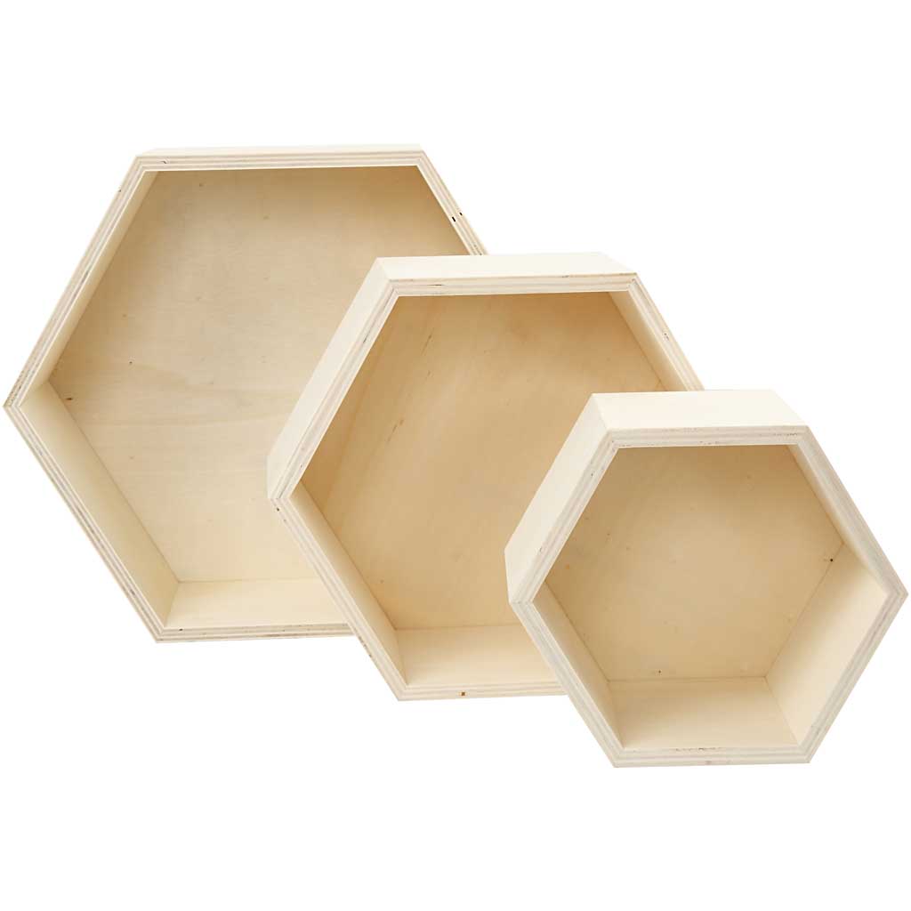 Houten display kistjes hexagon 14,8+19+24,2cm - set 3 stuks