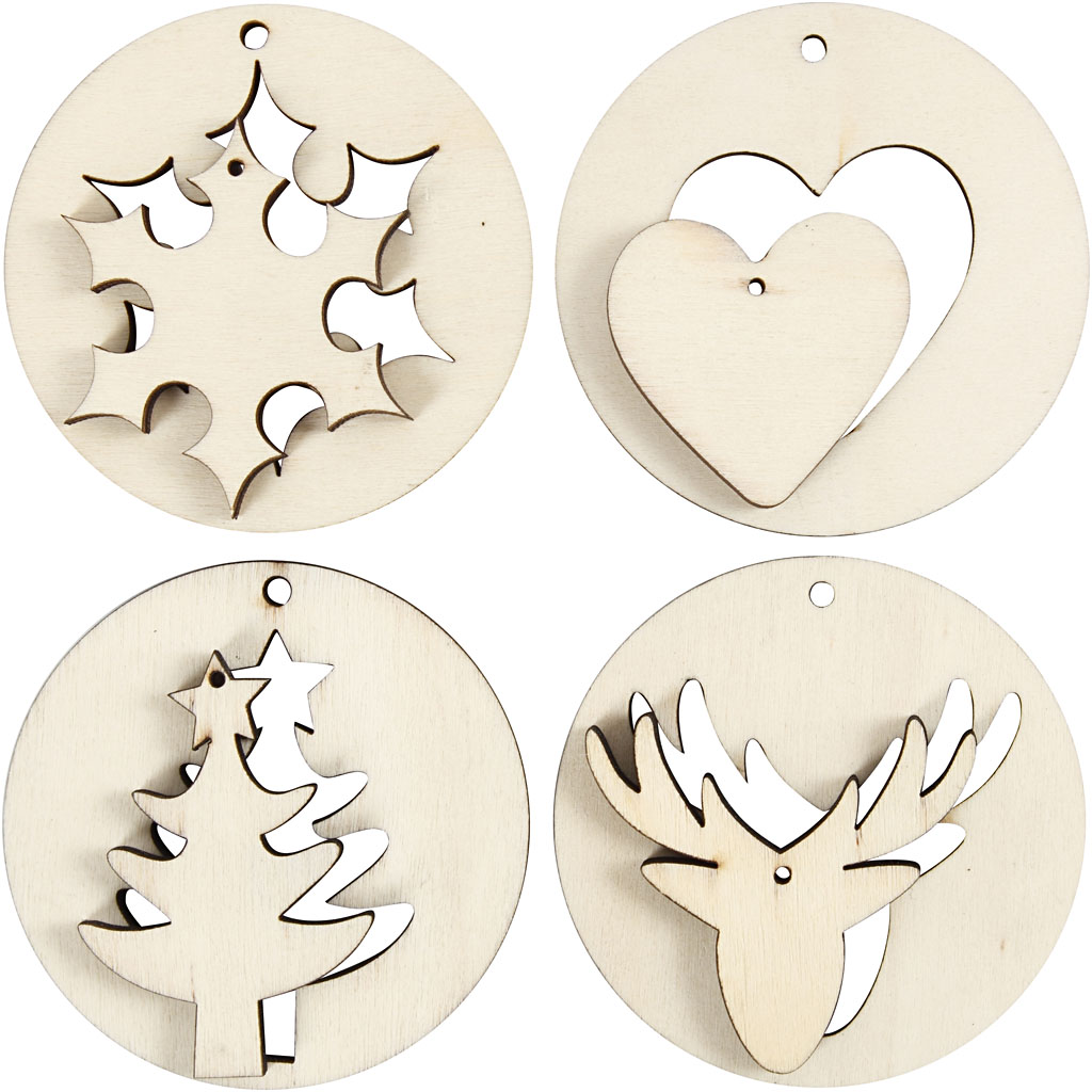 Dubbele houten kerst hangers assorti 7cm - set 4 stuks