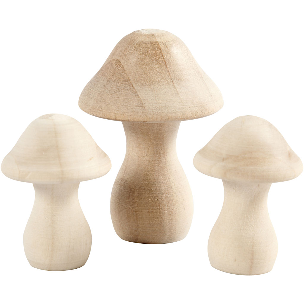 Kleine houten paddenstoelen 45 tot 65mm (3 stuks)