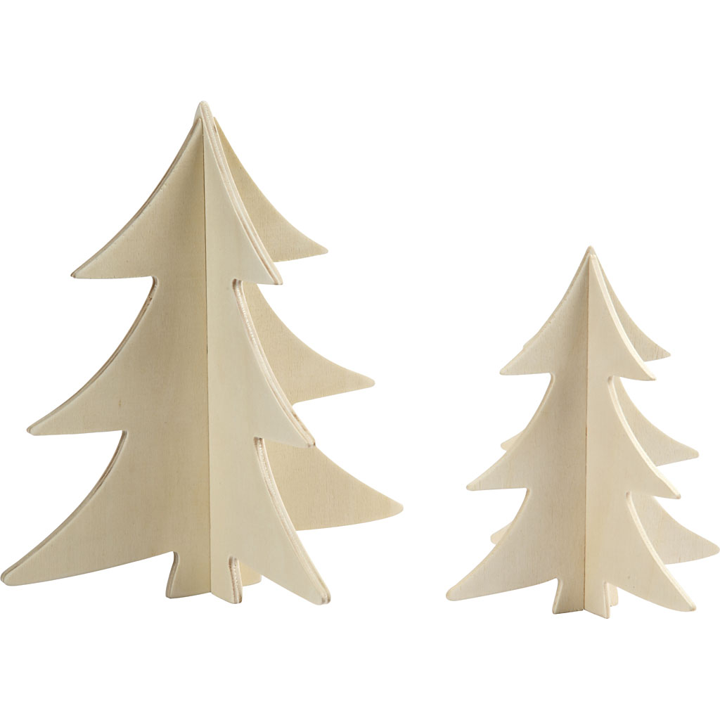 Blank houten 3D kerstbomen 13+18cm - set 2 stuks