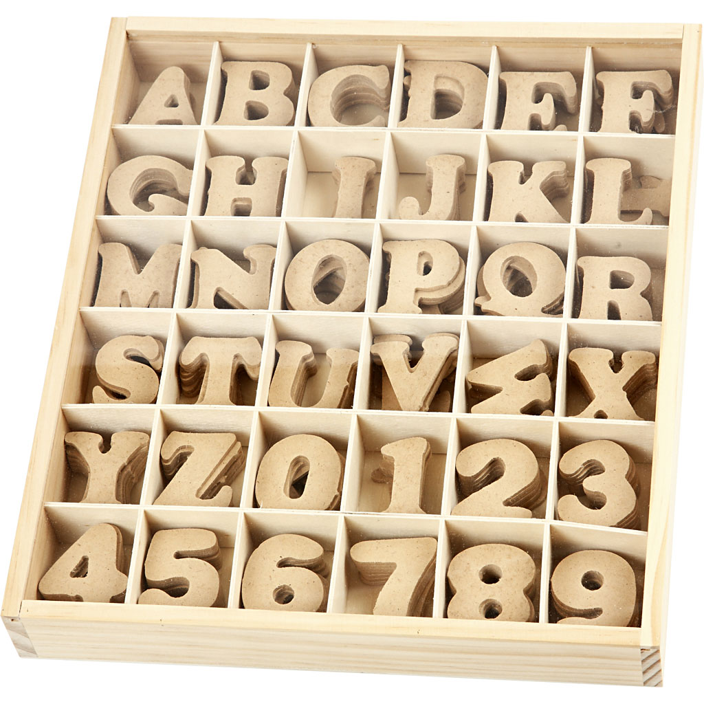 Partij houten decoratie letters  en  cijfers 4cm - doos 288 stuks