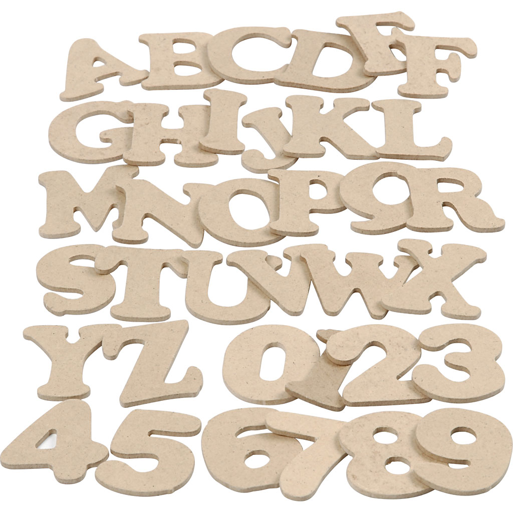 Partij blanke houten mdf letters en cijfers 4cm - 3700 stuks