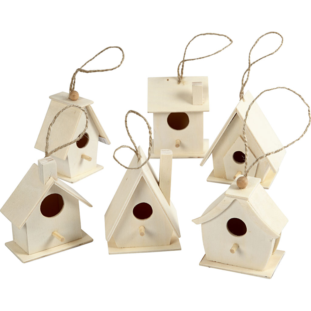 Kleine hangers blank houten vogelhuisjes assorti 7cm - 6 stuks
