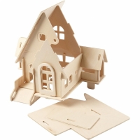 Houten 3D huis 22.5x16x17.5cm - 1 set zelfbouwpakket