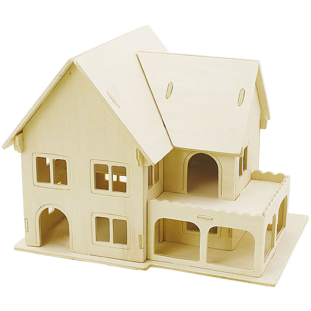 Houten 3D huis 22.5x16x17.5cm - 1 zelfbouwpakket