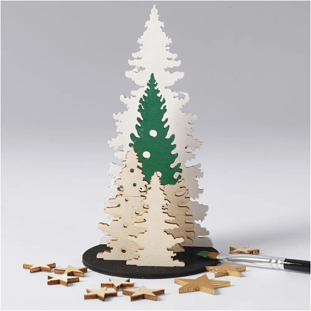 Bouwpakketje houten figuren kerstbomen - plaat 15,5 x17cm