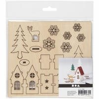 Bouwpakketje houten figuren huisje kerstbomen - plaat 15,5 x17cm