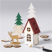 Bouwpakketje houten figuren huisje kerstbomen - plaat 15,5 x17cm