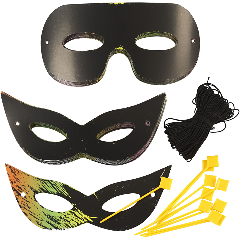 Kras maskers zwart met neon kleuren 18x7cm 60 stuks
