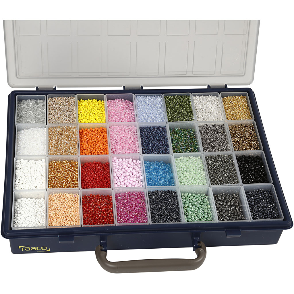 Koffer met glas kraaltjes rocailles kleuren mix - 32 x 100 gram