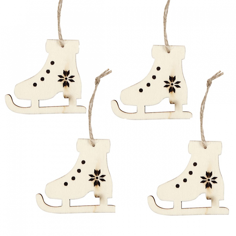Kleine blank houten hangers schaatsjes 6.5x7.5cm - 4 stuks