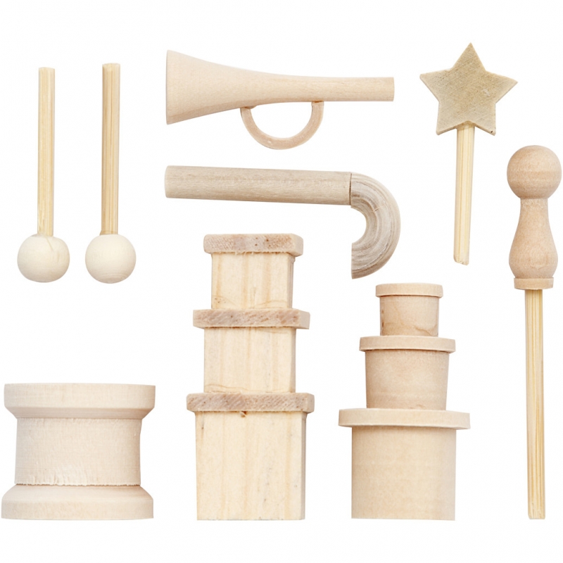 Minatuur houten instrumentjes doosjes 2.5 tot 5cm - set 9-delig