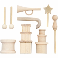 Minatuur houten figuren instrumentjes doosjes 2.5 tot 5cm - set 9-delig