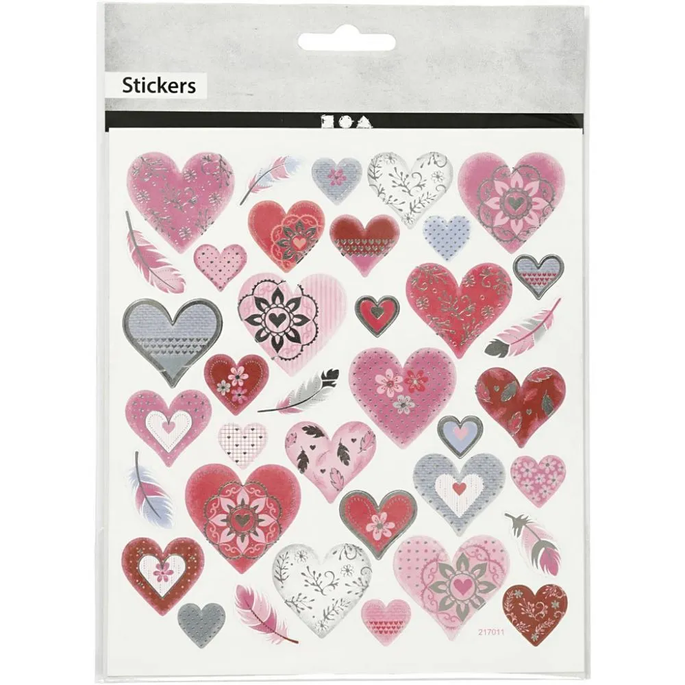 Stickers hartjes veren folie details 15x16,5cm - 1 vel