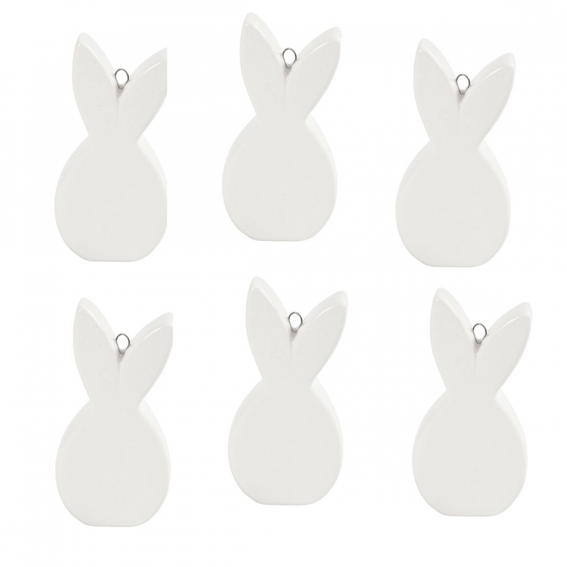 Porseleinen hangers konijn haasje plat 7,2x 3,6cm wit - 12 stuks