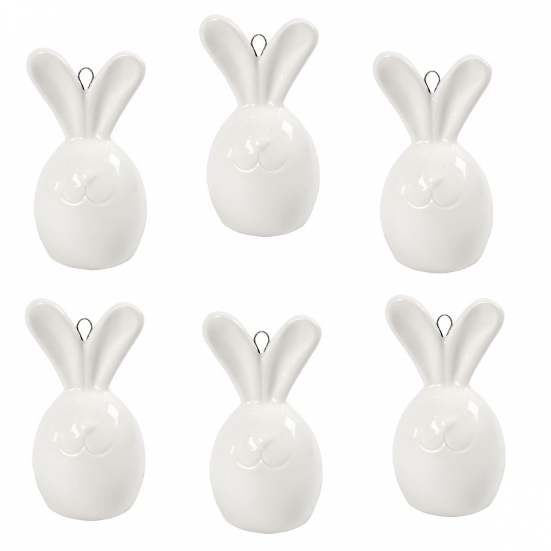 Porseleinen hangers konijnen kopjes 6,7x3,6cm wit - 12 stuks