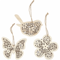 Houten hangers set vlinder, bloem en vogel 10 cm 3 stuks