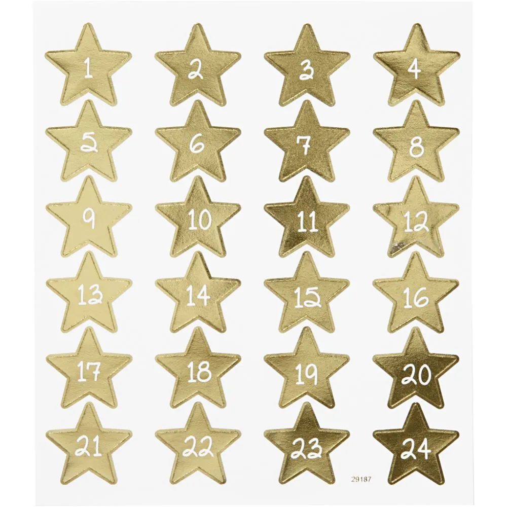 Advent stickers 1 tot 24 cijfers ster goud Ø3cm - 1 vel