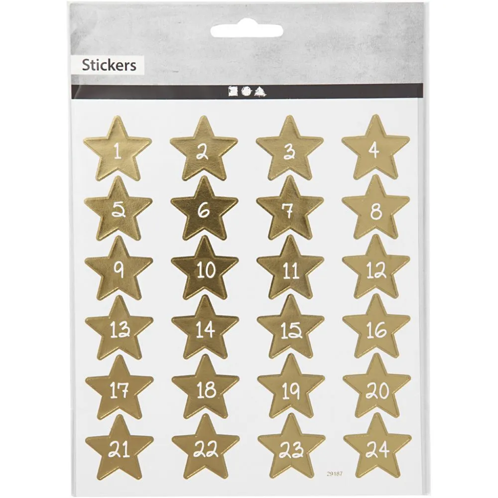 Advent stickers 1 tot 24 cijfers ster goud Ø3cm - 1 vel