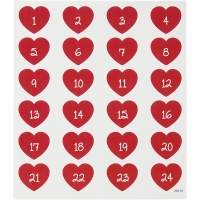Adventsstickers 24 cijfers hartjes rood Ø3cm - 1 velletje