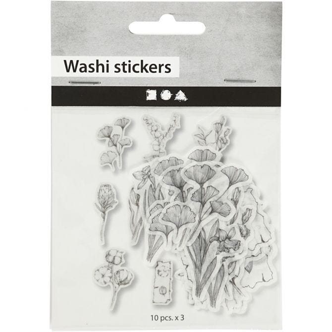 Masking tape stickers zwart-wit bloemen 30-50mm - 30 stuks