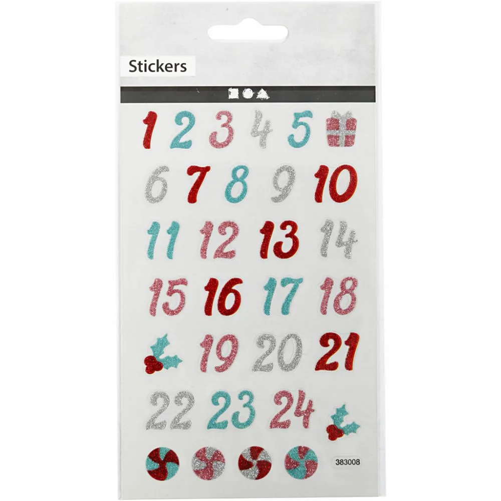 Glitter kerst stickers advents cijfers - 1 vel 10x16cm